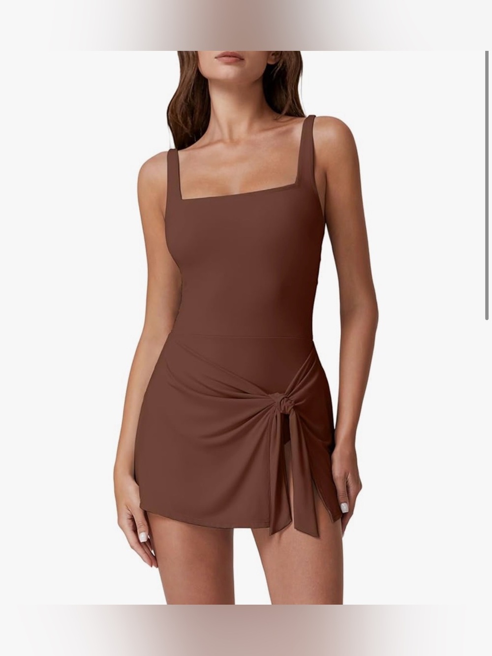 Square Neck Brown Swimdress with Side Tie